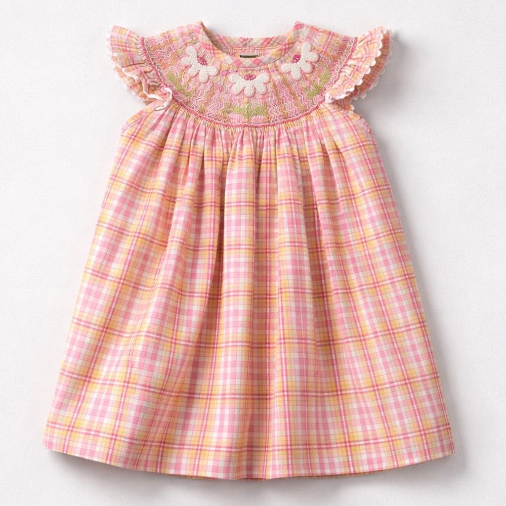 Castle & Crowns pink plaid smocked dress with floral embroidery bishop dress